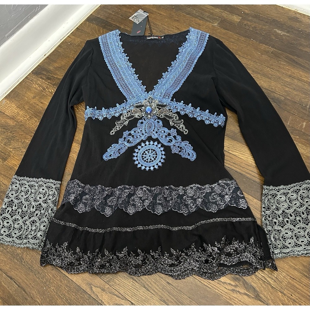 NWT Hugging Kisses Black‎ Mesh Lace Embellished Top SZ XL Whimsigoth Gothic Glam